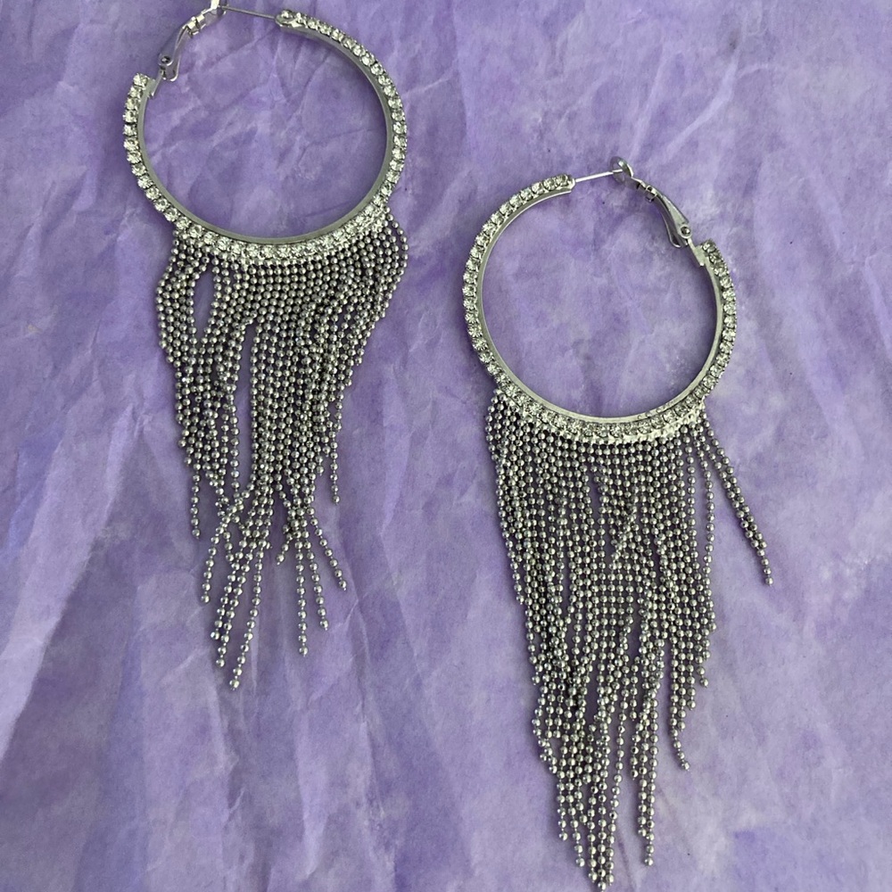 Rhinestone Silver Hoop Earrings with Fringe